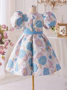 SHEIN Glamorique Kids Tween Girls' Elegant Jacquard Puff Sleeve Summer Party Easter Dress, Suitable For Daily Wear, Parties And Gatherings, Displaying A Noble And Glamorous Quality - Baby Blue - View 2