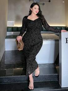 Dazy Petite Plus Plus Size Flocked Print & Mesh Splice Wrap Elegant Long Dress, Black, Spring/Fall 90s Clothes Floral Long Sleeve Dress - Black - View 1