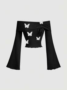 SHEIN MOD Plus Size Women Black Off Shoulder Butterfly Pattern Flare Sleeve T-Shirt - Black - View 1