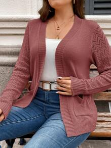 SHEIN LUNE Plus Size Solid Color Long Sleeve Pockets Simplistic Cardigan, Casual For Daily Wear Festival Summer Spring For Women In Fall, Winter - Dusty Pink - View 3