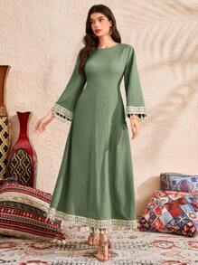 Al Najma 女士优雅连衣裙，带拼接流苏袖口和圆领