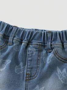 Denimly 女婴休闲日常都市街头风格可爱蝴蝶水印花松紧腰卷边下摆牛仔短裤 - 中等水洗藍 - 查看 4