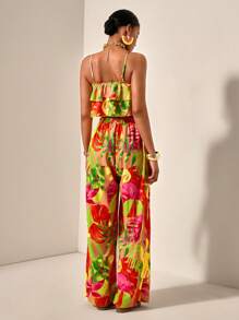 Zivah 2025 新款休闲度假宽松女士细肩带系带荷叶边下摆短上衣和阔腿裤两件套，花卉印花，夏季