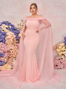 SHEIN Belle Plus Size Elegant Minimalist Pink Flounce Off Shoulder Neck Floral Embellished Long Flared Hem Bridesmaid Dress