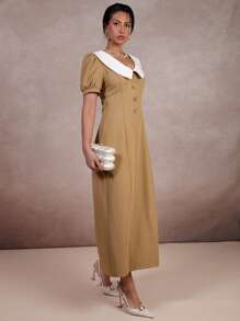 COSMINA Women's Colorblock Peter Pan Collar Puff Sleeve Dress - Brown - View 3