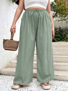 SHEIN Essnce Plus Size Women's Spring And Summer Fashion Casual Loose Comfortable Daily Linen Green Elastic Waist Wide Leg Pants, Holiday Wear,Summer Outfits,Women Bottom,Beach Outfits For Woman,Linen Pants Women