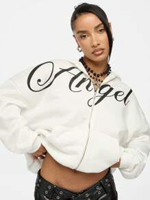 SUMWON WOMEN Classic Angel Zip Through Hoodie With Number Graphic Sports Inspired Winter Sweatshirt Streetwear Outerwear Casual Fall - White - View 6