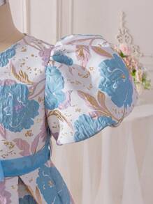 SHEIN Glamorique Kids Tween Girls' Elegant Jacquard Puff Sleeve Summer Party Easter Dress, Suitable For Daily Wear, Parties And Gatherings, Displaying A Noble And Glamorous Quality - Baby Blue - View 5