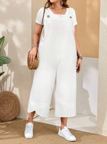 EMERY ROSE Plus Size Women's Black Overalls With Adjustable Straps, Button Closure And Pockets On Split Legs Country Spring Outfits For Women Summer Outfits For Women Boho Women Clothing - White - View 4
