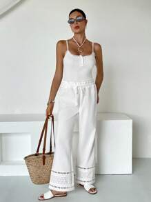 SHEIN Essnce Vacation Casual Solid Color Embroidery Patchwork Drawstring Waist Long Pants - White - View 6