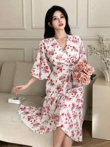 DAZY Women Midi Floral V-Neck Ruffle Hem Dress Prom Dress Elegant Women Dresses - Red - View 3