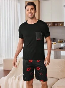 CoupledUp Men's Casual Lip Print Pajama Set - Black - View 1