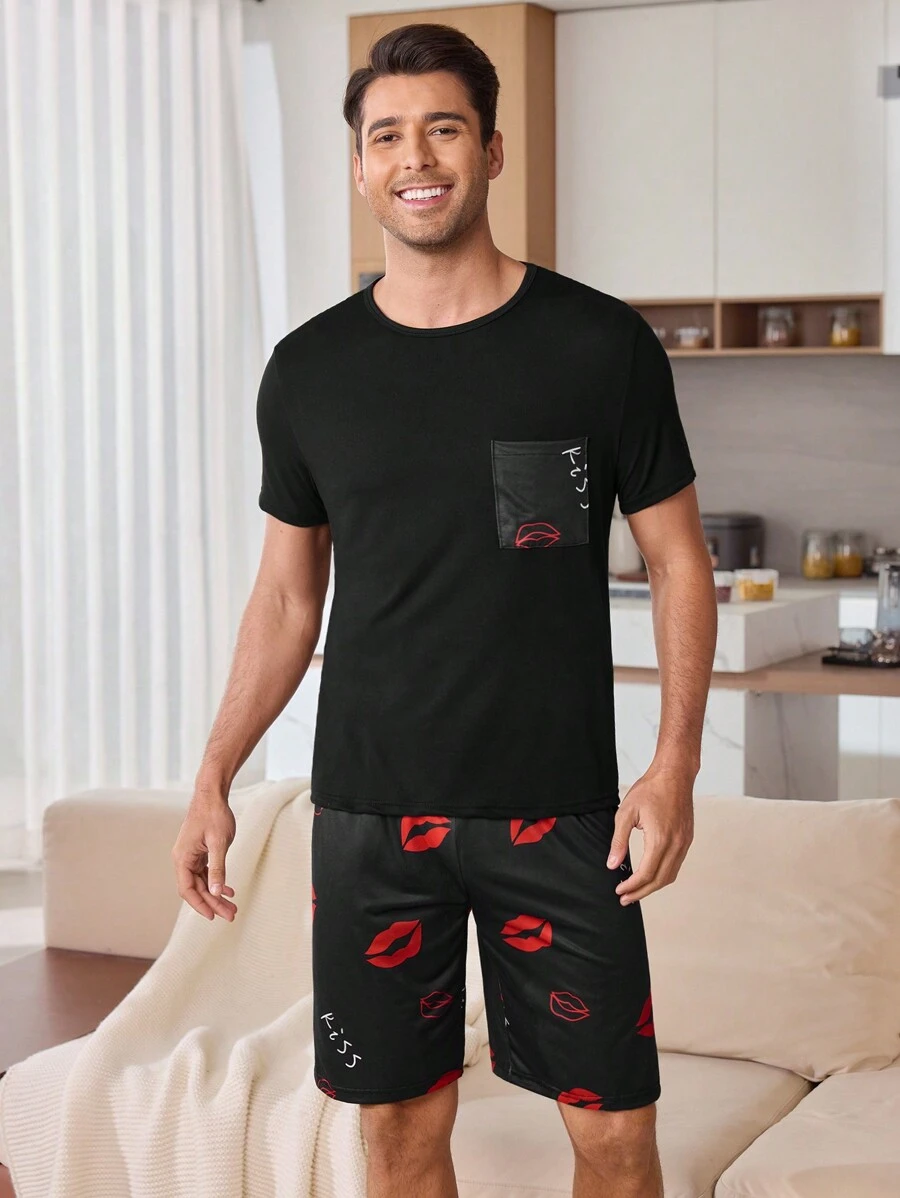 CoupledUp Men's Casual Lip Print Pajama Set - Black - View 1