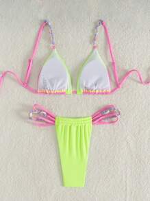 Swim Mod 1 Set Women Color Block Bikini Top And Bottom Swimwear, For Summer Beach Vacation - Multicolor - View 2
