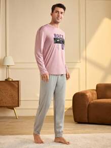 男士字母印花圆领长袖上衣和裤子家居服套装，休闲 - 粉色 - 查看 6