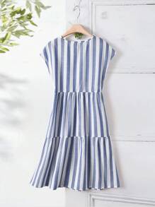 Rusticease Váy mùa hè cổ tròn tay ngắn in họa tiết sọc, thích hợp mặc hàng ngày và đi nghỉ - Nhiều màu - Xem 2
