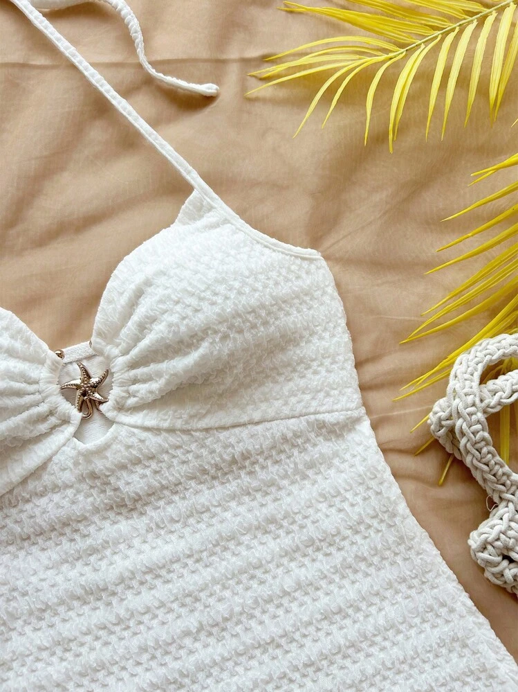 Soleia Sexy V-Neck Metal Starfish Decor Tie Neck Backless Textured Mini Dress, Ideal For Vacation, Date, Afternoon Tea, Holiday, Music Festival, Bohemian Style,Summer Dresses For Women - White - View 6