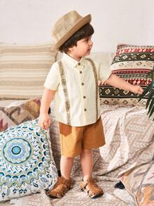 Cozy Pixies 2pcs Baby Boy Traditional Pattern Lapel Short Sleeve Cardigan Top And Elastic Waist Shorts Set - Brown - View 5