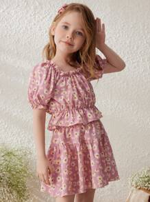 Blossori 年轻女孩法式优雅粉色和黄色雏菊编织圆领两件套，春夏