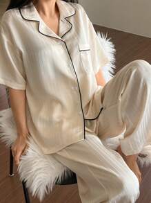 DAZY Simple Striped Jacquard Satin Contrast Color Decoration Short Sleeve Women Pajama Set - White - View 5