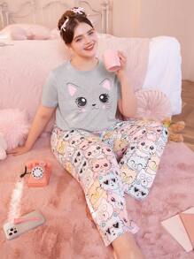 Slumberry CURVE Cute Cat Print Round Neck Short Sleeve Loose Fit Pajama Set For Plus Size - Multicolor - View 1
