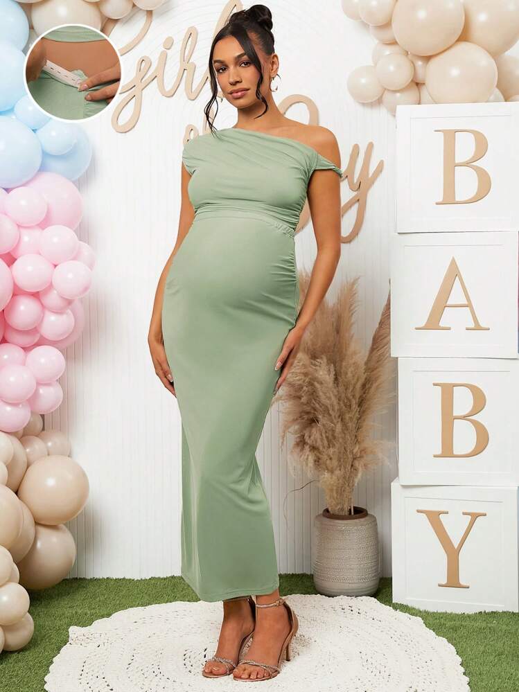 SHEIN Loomaby 2pcs Maternity Asymmetrical Shoulder Gender Reveal Dress, For  Baby Shower Party | SHEIN USA