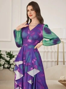 Modelyn Women's Maxi V-Neck Tie-Dye Print Ruffle Hem A-Line Dress - Multicolor - View 6