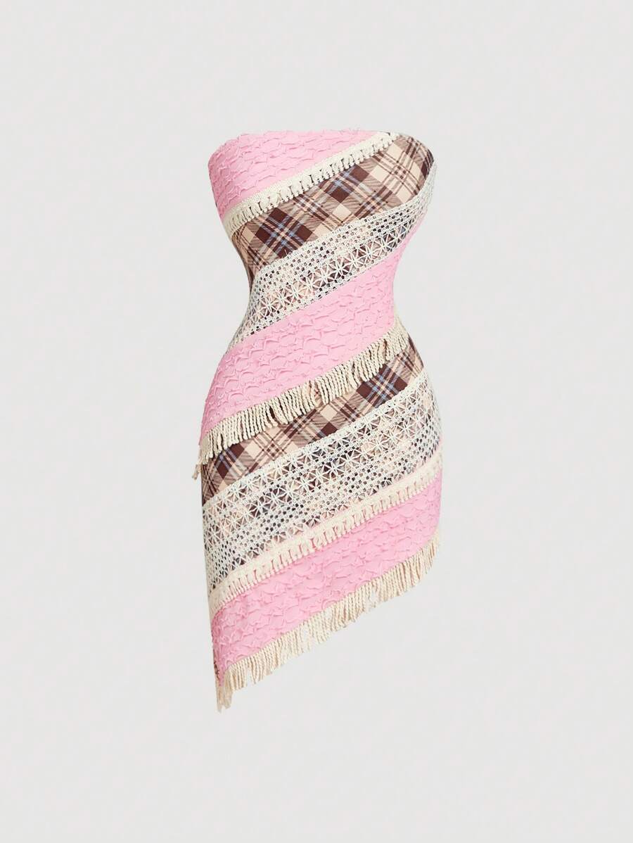 SHEIN MOD 管状格纹蕾丝流苏荷叶边撞色不对称下摆上衣，波西米亚风，西部风情，适合度假、野餐、海滩、情人节、夏季女装、海滩装、情人节、锐舞节等场合 - 彩色 - 查看 1