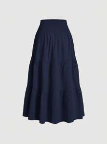 SHEIN MOD Women's Solid Color Drawstring Pleated Minimalist A-Line Skirt, Casual Daily Wear - Navy Blue - View 2