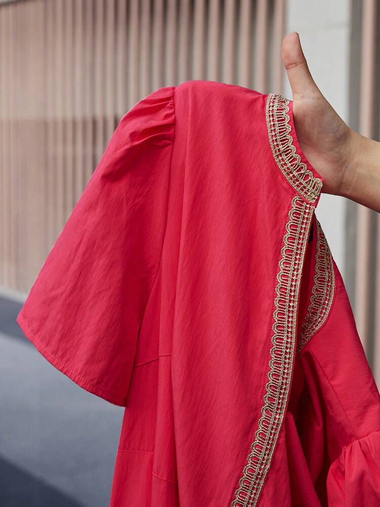 Plus Size Plain Color Patchwork Short Sleeve Casual Pleated Midi Dress