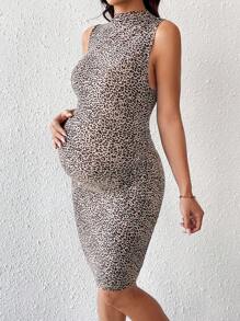 SHEIN 孕妇豹纹无袖优雅夏季网眼紧身连衣裙