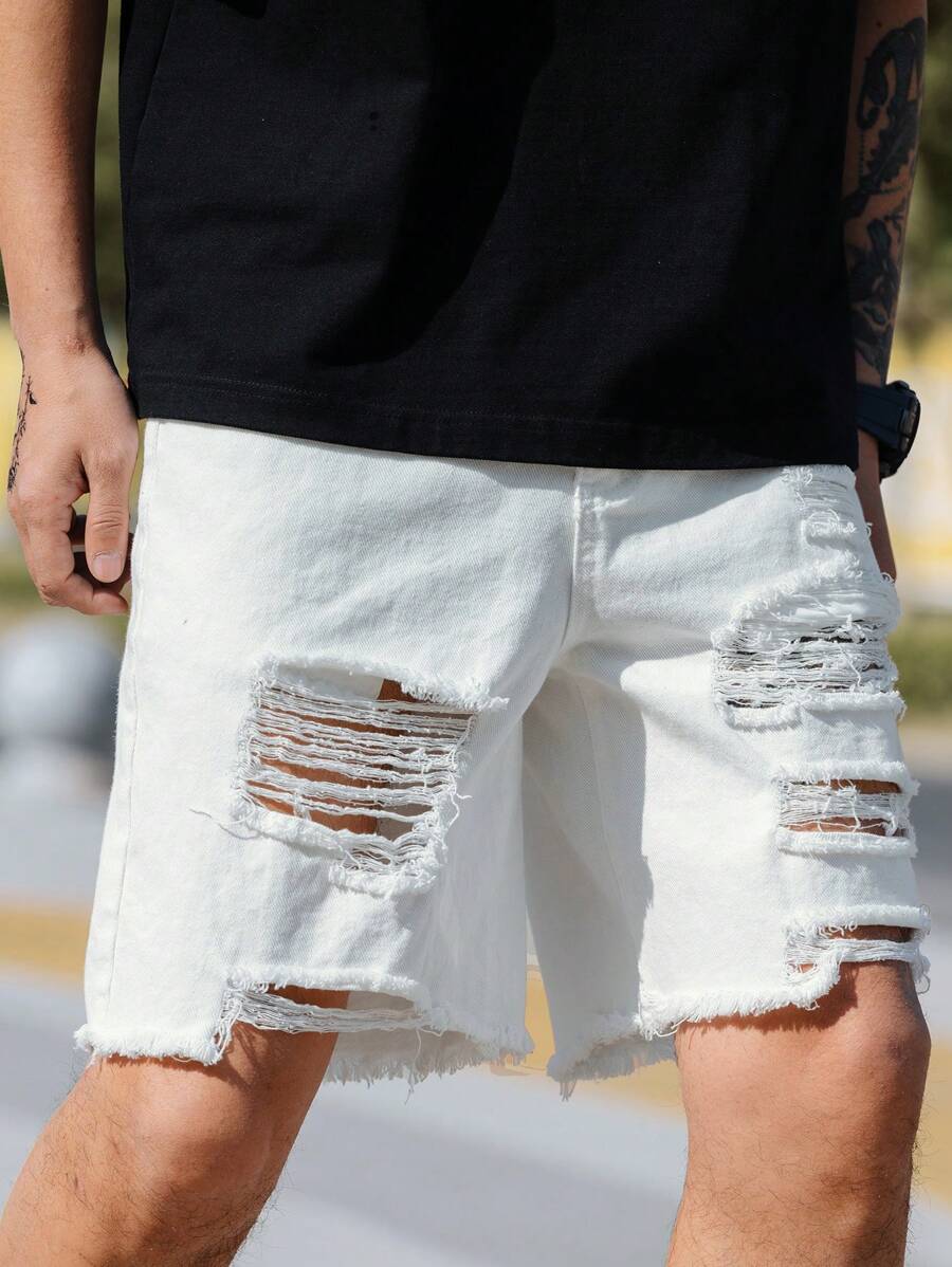 Manfinity Roghcode Shorts vaqueros de algodón para hombre, de corte holgado y con diseño desgarrado y de escalera - Beis - Ver 1