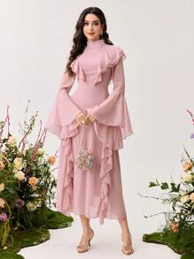 Modelyn Ruffle Flare Sleeve Long Slim Fit Women Dress - Pink - View 5