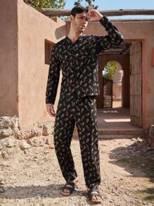 Manfinity ChillVibe Men's Full Print Front Button Long Sleeve Simple Pullover Top And Pants Pajama Set - Black - View 6