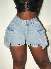 Slaydiva Quần jeans cargo nữ dáng rộng, chất liệu denim mài, có cúc rời điều chỉnh được. - Màu xanh lam - Xem 4