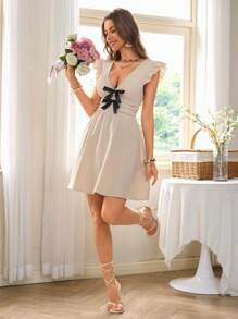 SHEIN VCAY Holiday Date Dress, Women's V-Neck Bow Contrast Color A Word Frills Casual Holiday Dress, Spring And Summer, Holiday Summer Beach Dress, Back To School Dress, Very Simple Dress, Office Dress, Old Money Dress, Elegant Dress, Date Dress, Go Out For Music Festival Dress - Apricot - View 5