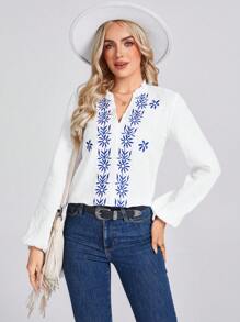 SHEIN LUNE V-Neck Frill Lantern Sleeve Cotton Embroidered Casual Vacation Elegant Women Blouse - White - View 1