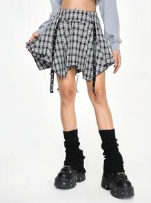ROMWE Grunge Punk Y2K Baddie Punk Plaid Ruffle Skater Skirt For Women,Summer , Summer Outfits ,Summer Clothes - Multicolor - View 1