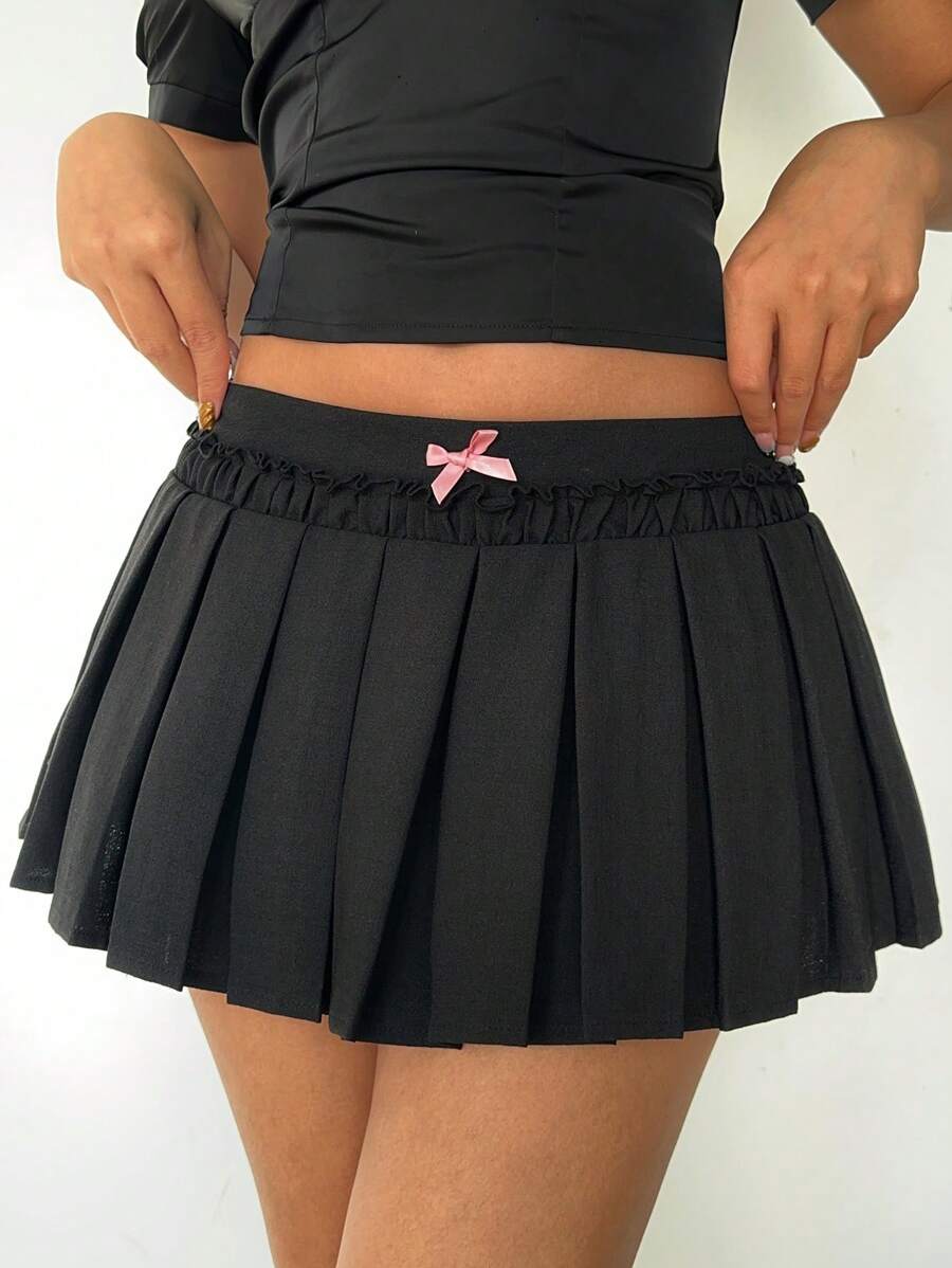 Aloruh 女士性感超低腰黑色百褶裙粉色蝴蝶结装饰女裙 - 黑色 - 查看 1