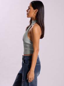 MUSERA High Neck Ribbed Backless Halterneck Top - Grey - View 3