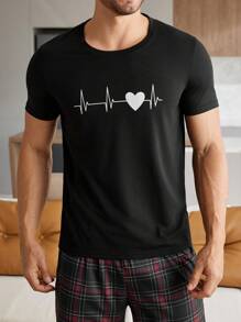 CoupledUp Men's Heart Print Short Sleeve Top And Pants Pajama Set, Boyfriend Gift