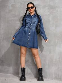 SHEIN PETITE Women's Long Sleeve Single-Breasted Casual Denim Dress - Blue - View 4