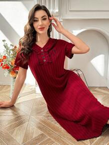 Women's Casual Heart Print Half-Zip Pieced Ruffle Hem Nightgown - Burgundy - View 4