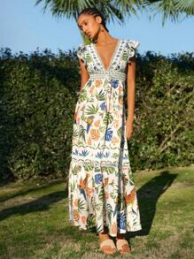 Travachic Women's V-Neck Tropical Floral Print Ruffle Sleeve Casual Vacation Dress,Casual Holiday Wear,Summer Outfits For Women