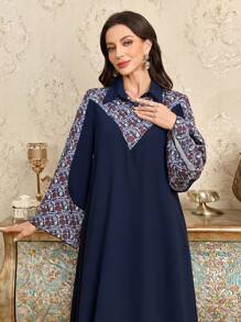 Al Najma Bedrucktes patchwork-Einfarbiges loses Abschluss-Volant-Kleid im arabischen Stil für Damen - Blau - Übersicht 4