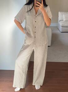 DAZY Striped Simple Texture Chiffon Fabric Women Sleepwear Set Pajama - Black and White - View 1