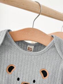 Cozy Pixies 3pcs/Set Newborn Baby Boy Panda Pattern Knitted Soft Crew Neck Short Sleeve Snap-Up Bodysuit - Light Grey - View 6