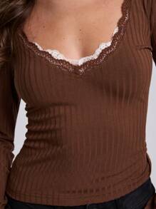 SHEIN BAE Vrouwen lente en zomer Franse kant V-hals, bruin gebreide top met lange mouwen, geschikt voor dagelijks woon-werkverkeer, kantoorkleding, kleding in oude geldstijl, - Bruin - Bekijken 5