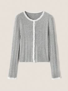 Muvela Women Gray Color Block White Lace Edge Single Breasted Fitted Knit Top, Spring Long Sleeve Top Valentines Sweater Spring Tops - Grey - View 2