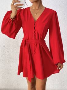 Women's Solid Color Long Sleeve Tied Waist Simple Casual Short Elegant Dress Fall Cloth For Women - Red - View 3